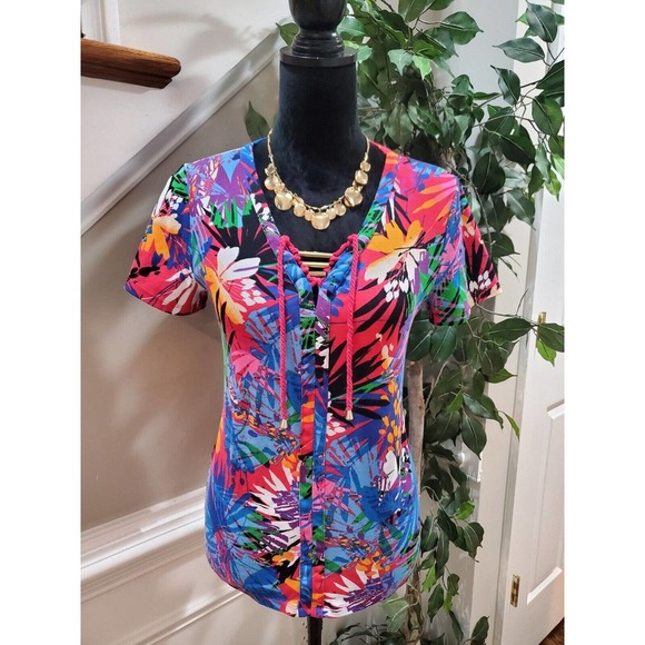 Rafaella Multicolor Tropical Floral Print Tie Front Short Sleeve Blouse Small - Picture 1 of 13